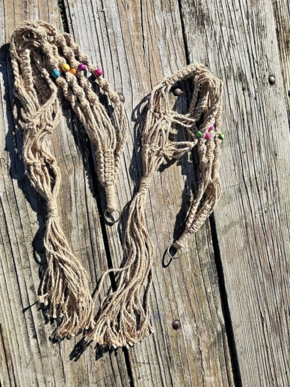 Vintage 70s Jute & Wooden Bead macrame Plant Hanger Set Of 2